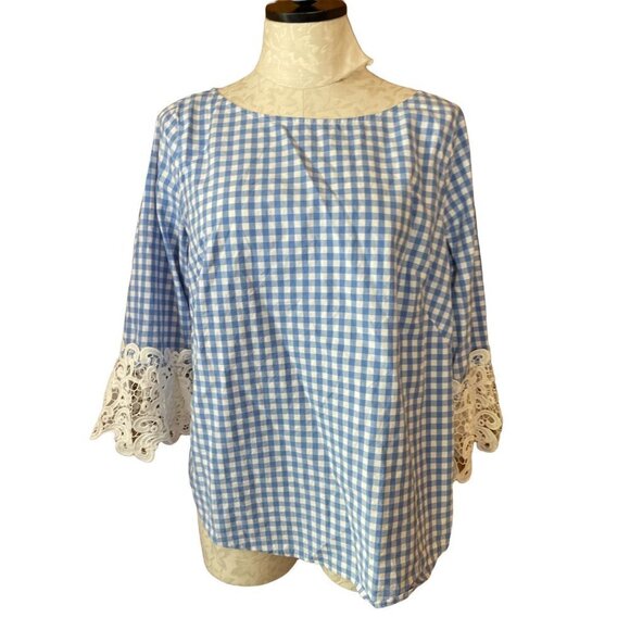 Liz Claiborne Career Blouse Pullover Top Keyhole Blue Checkered Cotton Sz M - Picture 1 of 8